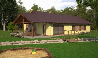 Bungalow à 4 pièces avec puits de lumière illuminant le salon.